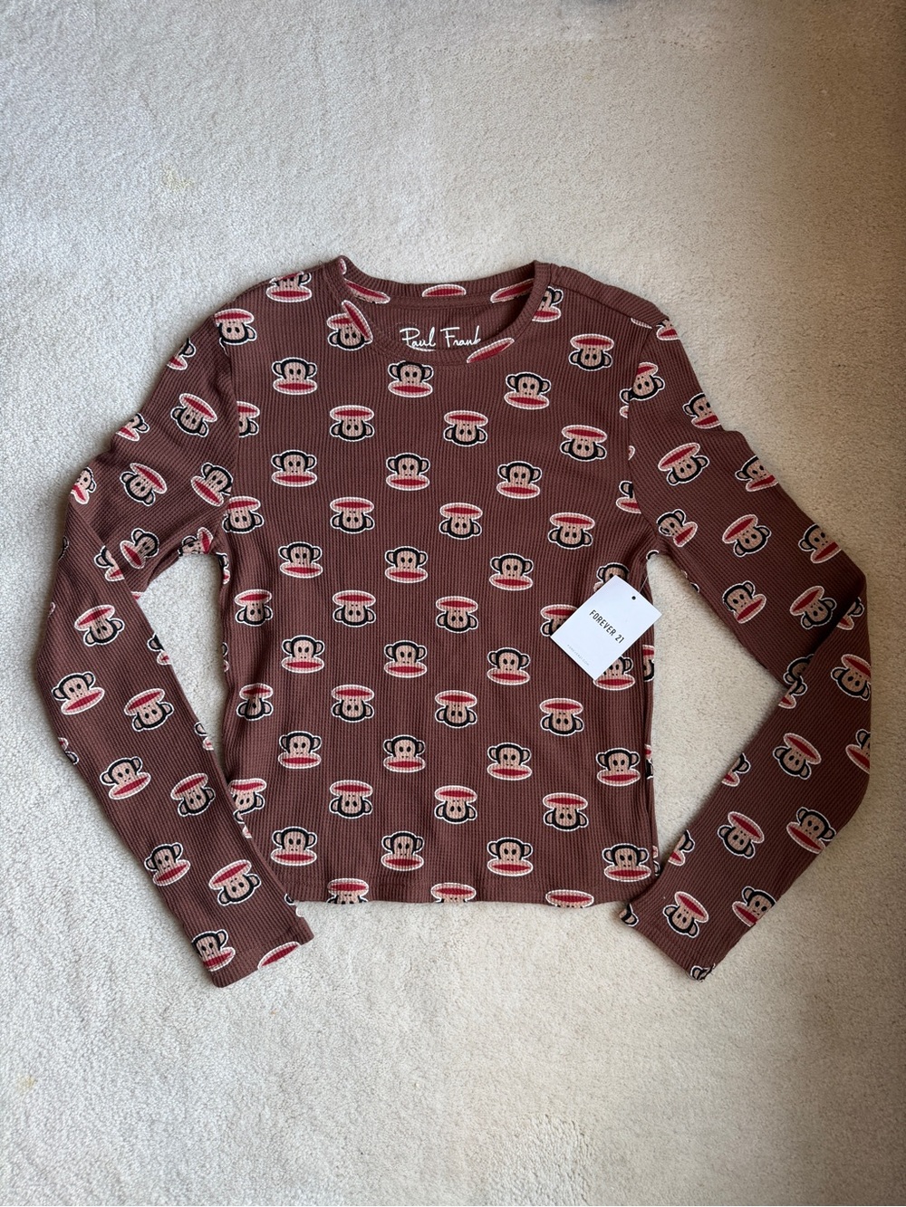 NEW Paul Frank Brown Monkey Print Waffle Long Sleeve Top Girls Size Medium